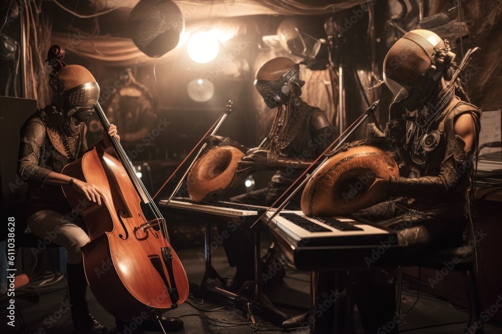 Fototapeta premium a trio of extraterrestrial musicians performing with their unique instruments, creating a heavenly soundscape, created with generative ai