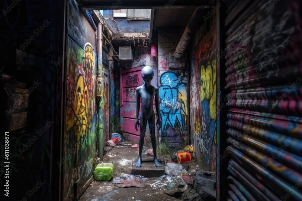 alien figure peeking out of dark alleyway, surrounded by vibrant graffiti, created with generative ai