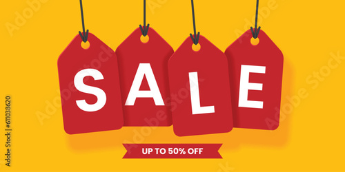 Red sales tags banner on yellow background