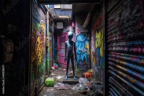 alien figure peeking out of dark alleyway, surrounded by vibrant graffiti, created with generative ai © altitudevisual