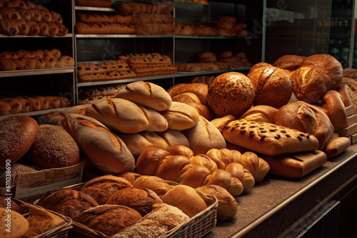 Lots of different fresh bread in the bakery, AI Generated