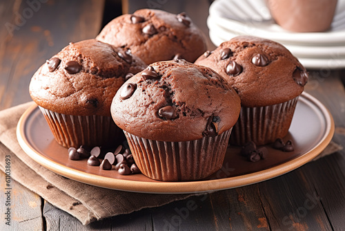 Plate with delicious​ black chocolate muffins on light wooden background​ top view --ar 3:2