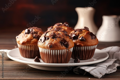 Plate with delicious​ black chocolate muffins on light wooden background​ top view --ar 3:2