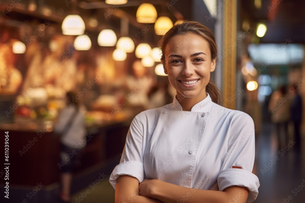 Obraz premium Medium shot portrait photography of a grinning girl in her 30s cooking against a bustling casino background. With generative AI technology