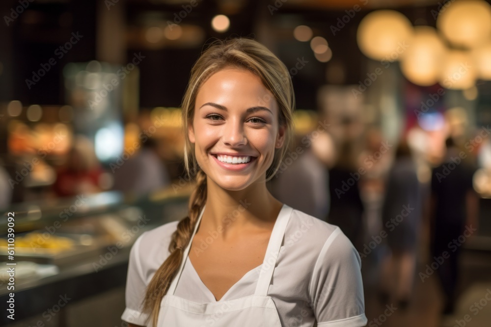 Medium shot portrait photography of a grinning girl in her 30s cooking against a bustling casino background. With generative AI technology Medium shot portrait photography of a grinning girl in her 30s cooking against a bustling casino background. With generative AI technology