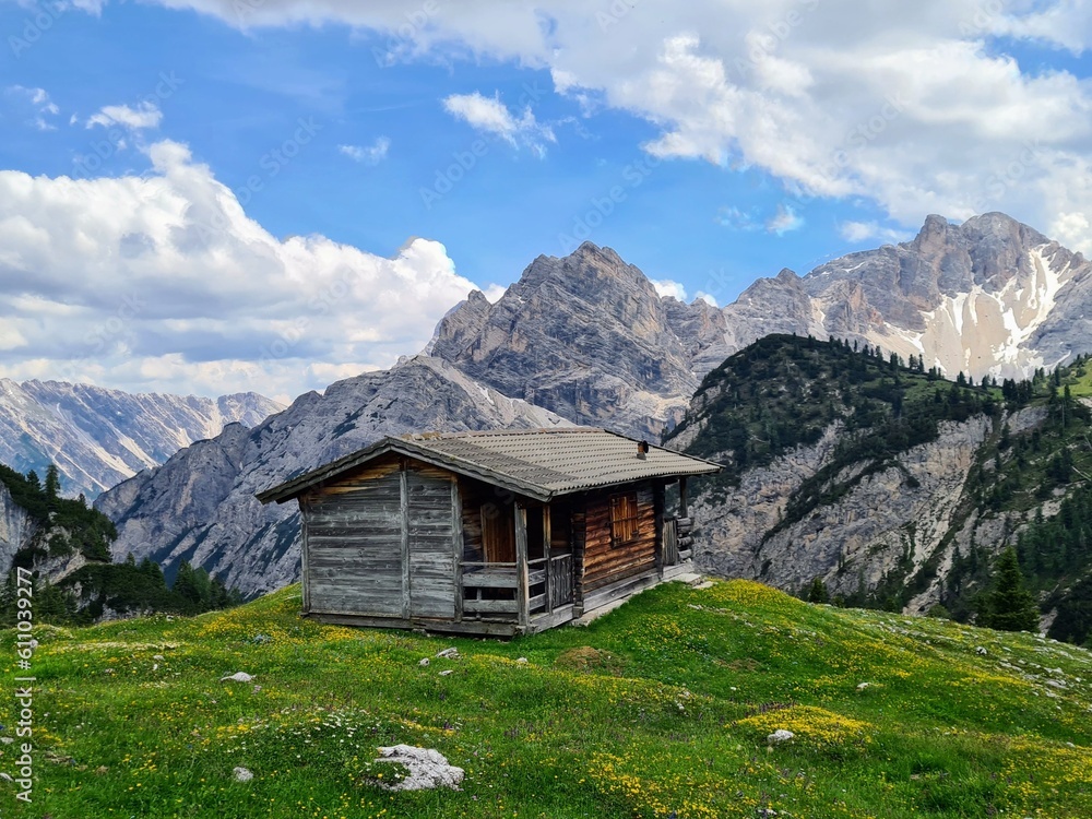 Traditional alpine cabin, Dolomites, South Tyrol, Italian Alps, Prags. An old wooden hut in the mountains. Mountain cabin. 
