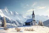 winter scene with snow-covered chapel and mountains in the background, created with generative ai