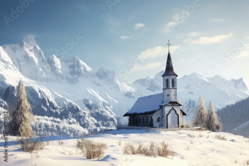 winter scene with snow-covered chapel and mountains in the background, created with generative ai © altitudevisual