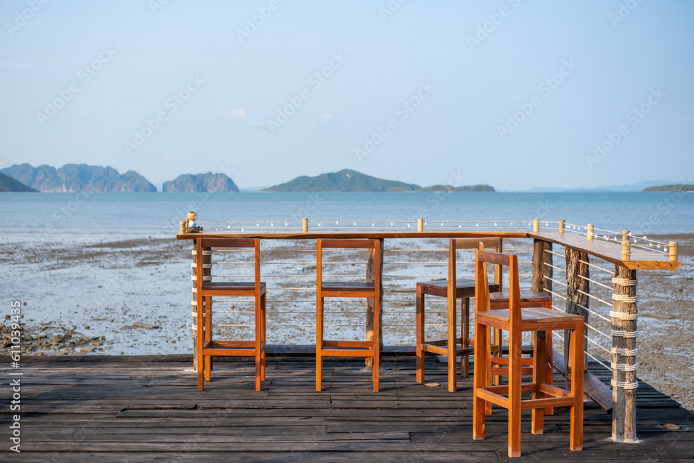 Outdoor bar counter on the terrace, with view of the sea on the background