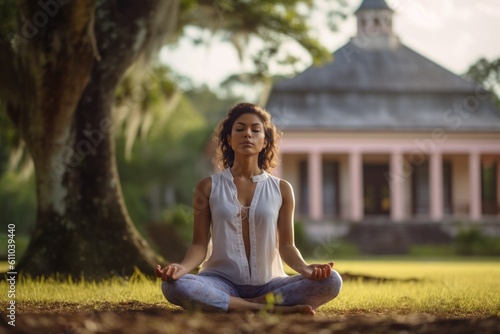 Lifestyle portrait photography of a satisfied mature girl meditating against a historic plantation background. With generative AI technology