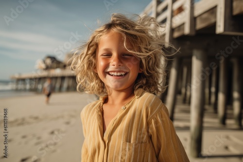 Lifestyle portrait photography of a glad kid female laughing against a picturesque beach boardwalk background. With generative AI technology © Markus Schröder