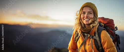 Portrait of a young lady with backpack standing on top mountain. Generative ai.