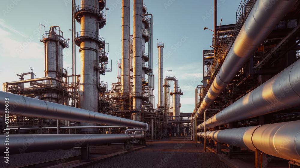 Close up Industrial view at oil refinery plant pipe line, Generative AI Close up Industrial view at oil refinery plant pipe line, Generative AI