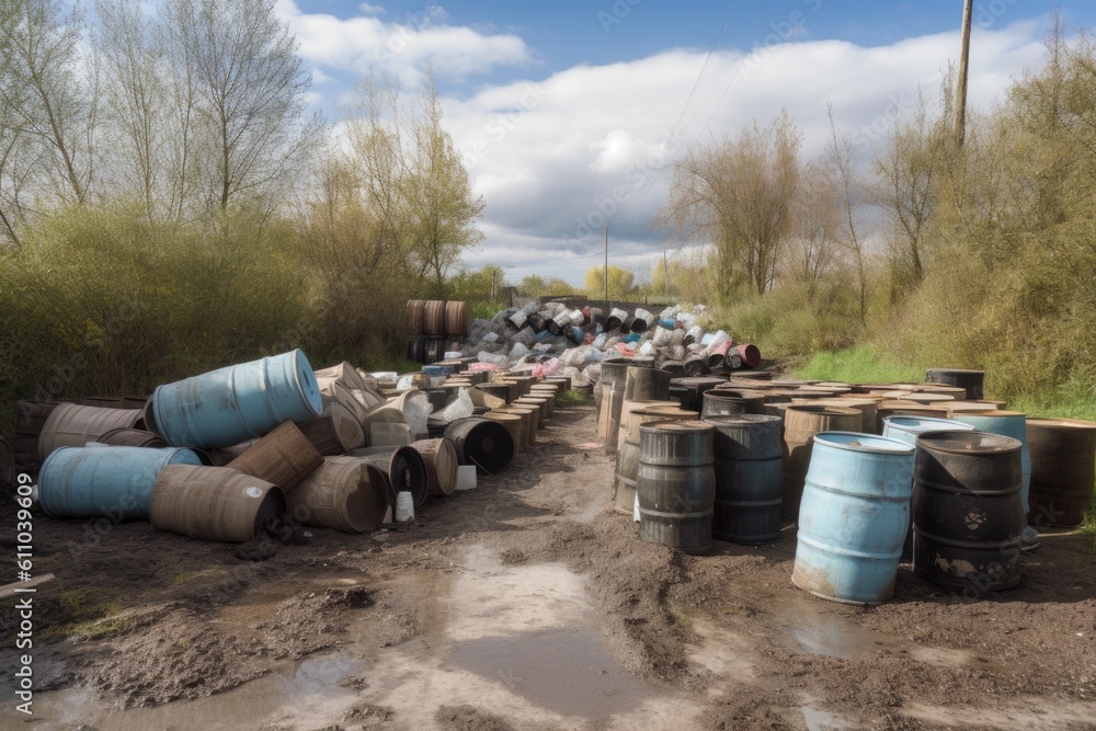 dumping ground for chemical waste, with barrels and containers overflowing onto the ground, created with generative ai dumping ground for chemical waste, with barrels and containers overflowing onto the ground, created with generative ai