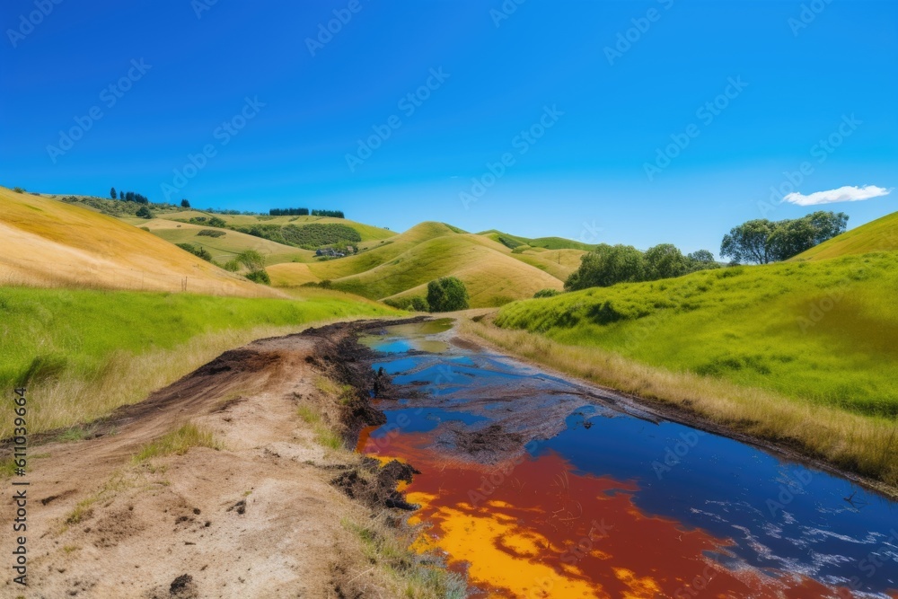 landscape of rolling hills and blue sky, with toxic spill visible on the ground, created with generative ai