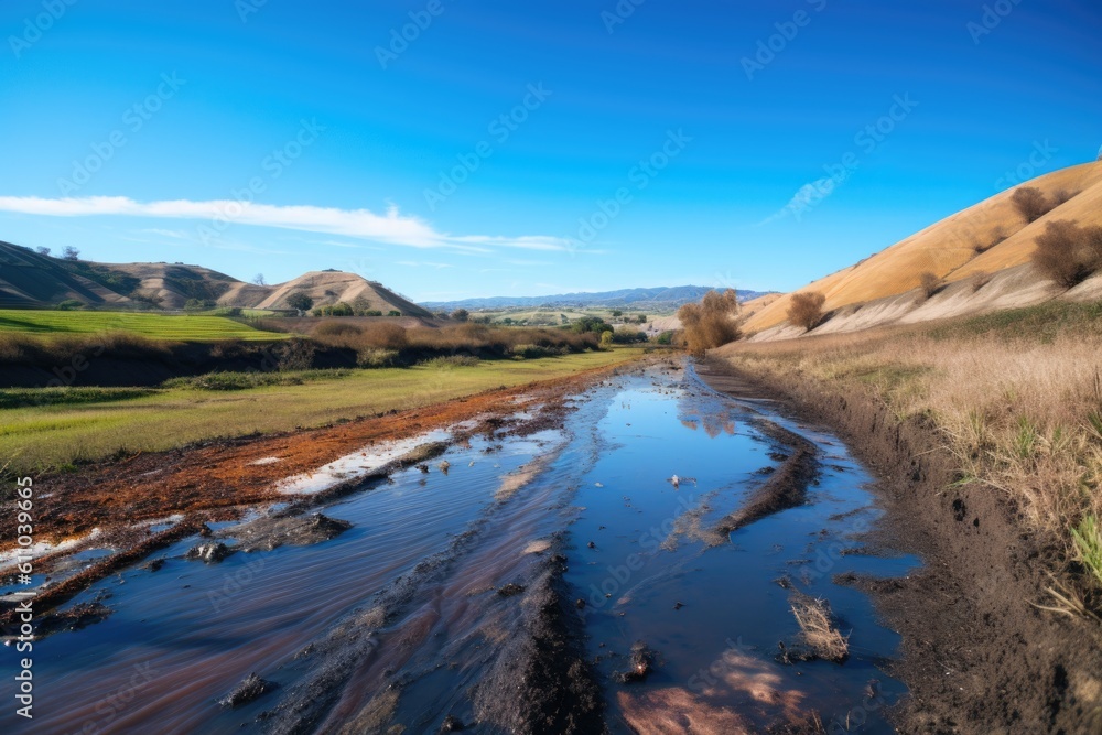 landscape of rolling hills and blue sky, with toxic spill visible on the ground, created with generative ai