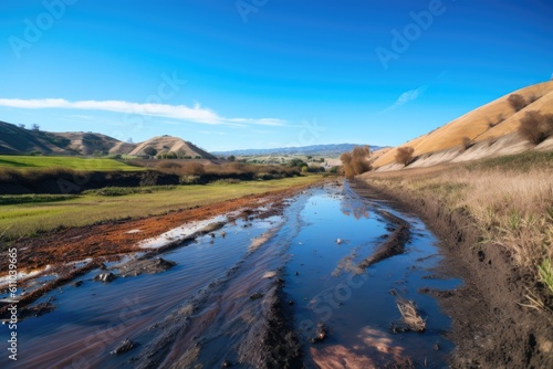 landscape of rolling hills and blue sky, with toxic spill visible on the ground, created with generative ai