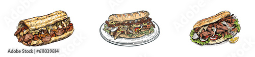 Shawarma doner kebab street food. Doner kebab hand drawn. Fast food menu design element. It is prepared with chicken or beef, salad and vegetables.