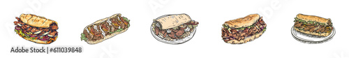 Shawarma doner kebab street food. Doner kebab hand drawn. Fast food menu design element. It is prepared with chicken or beef, salad and vegetables.