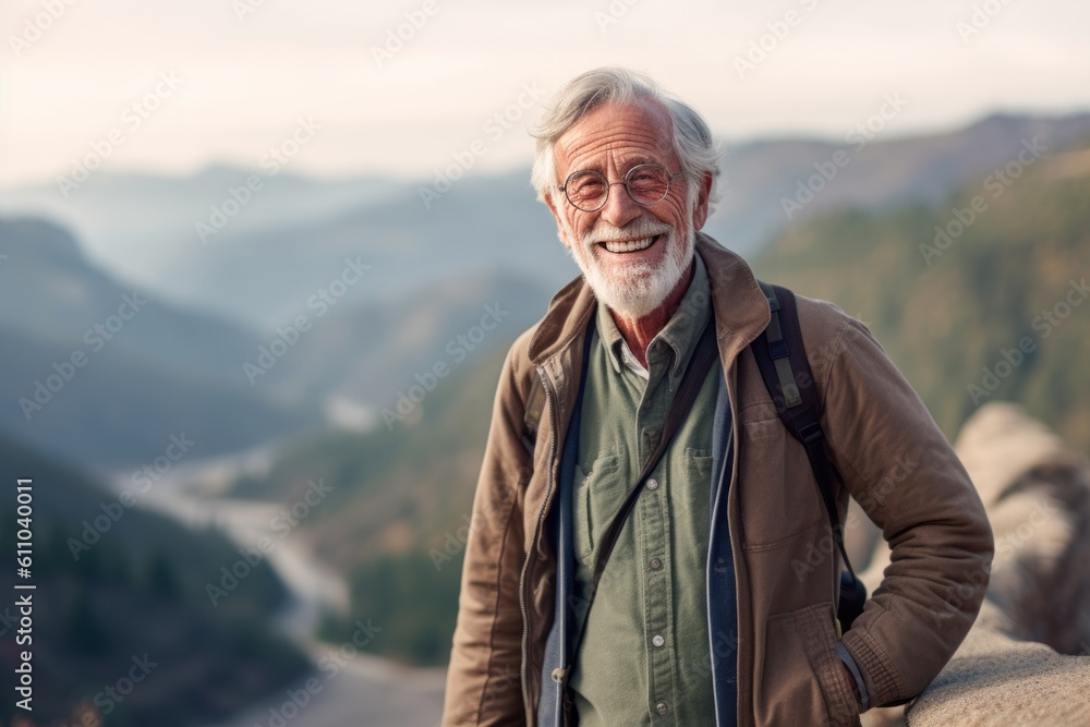 Lifestyle portrait photography of a satisfied old man walking against a scenic mountain overlook background. With generative AI technology