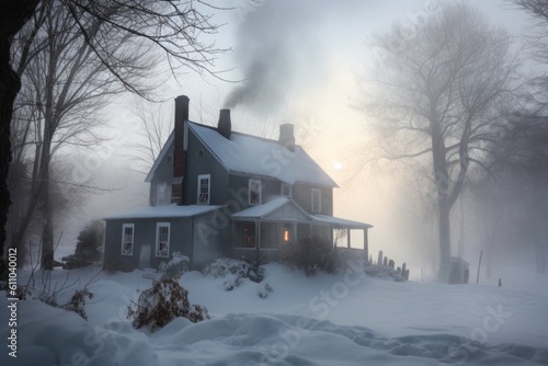 winter scene, with snowfall and chimney smoke drifting above a house, created with generative ai