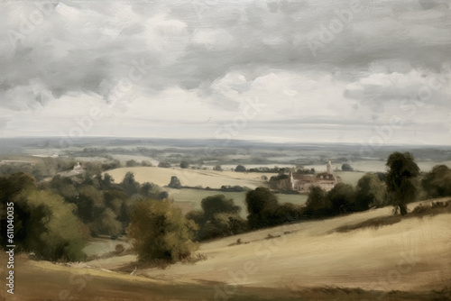 An oil painting of an English countryside view with a cloudy sky and muted green colour tone