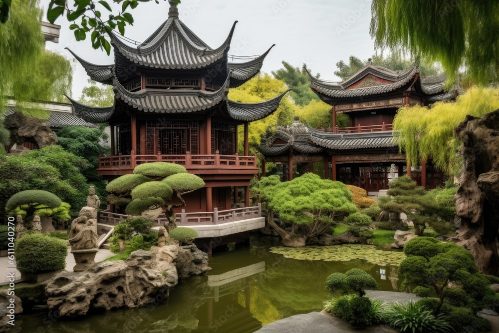 peaceful garden surrounded by the towering walls of a chinese pagoda, created with generative ai