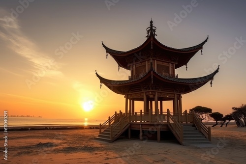 beautiful chinese pagoda on the beach with sunset in the background, created with generative ai