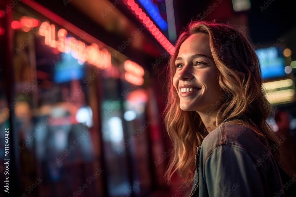 Lifestyle portrait photography of a satisfied girl in her 30s walking against a lively comedy club background. With generative AI technology