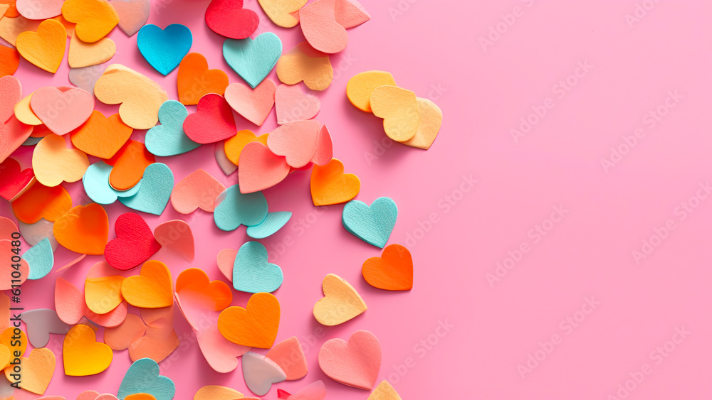 Confetti of multicolored paper hearts, scattered randomly against a flat pastel pink background, Generative AI