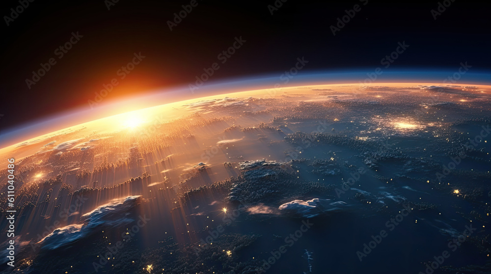 Sunrise over earth as seen from space. With stars background. 