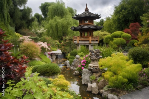 peaceful pagoda garden, with colorful flowers and babbling brook, created with generative ai