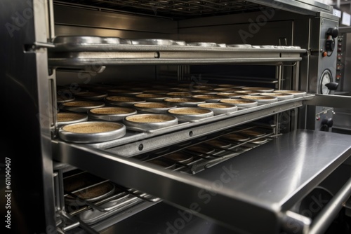 close-up of commercial oven, with baking tray and pans visible, created with generative ai