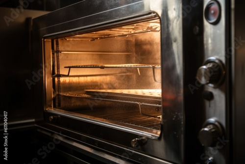 close-up of commercial oven, with steam and heat escaping through the window, created with generative ai