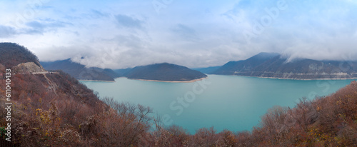 Panorama Landscape view of Zhinvali reservoir with cloudy sky in autumn. tourist spot of Georgia.