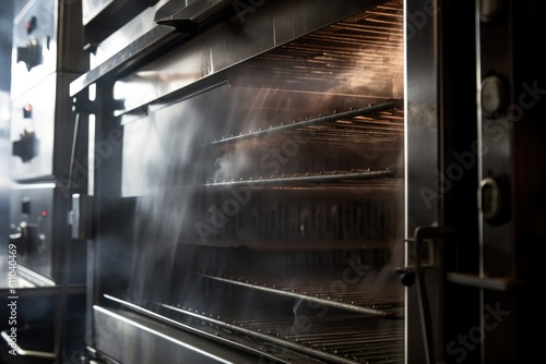 close-up of commercial oven, with steam and heat escaping through the window, created with generative ai