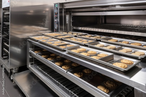commercial oven with a range of trays and baking pans, ready to prepare variety of baked goods, created with generative ai