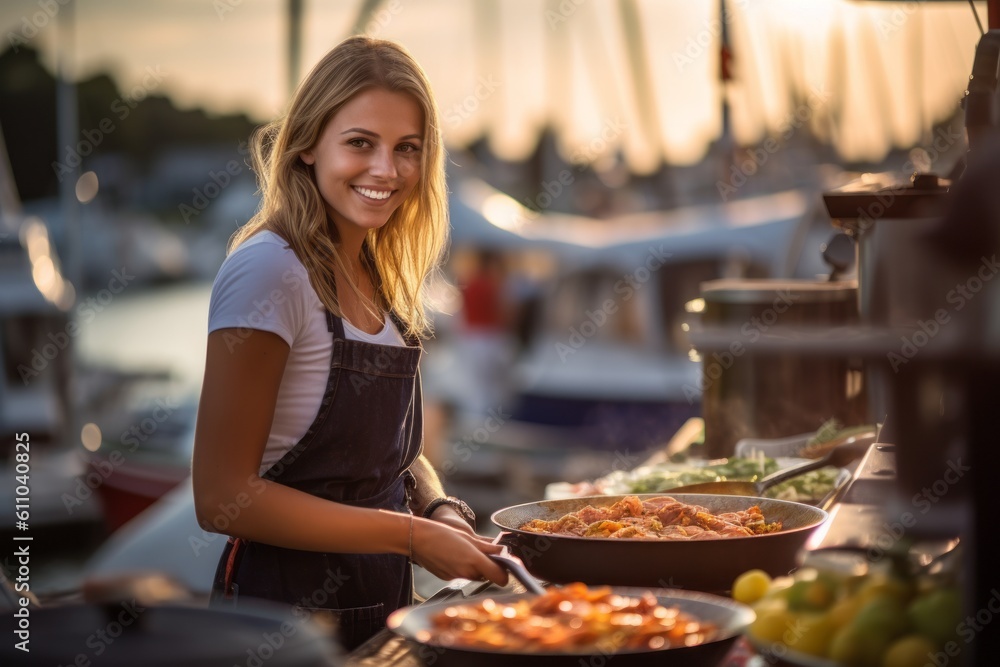 Medium shot portrait photography of a glad girl in her 30s cooking against a busy marina background. With generative AI technology