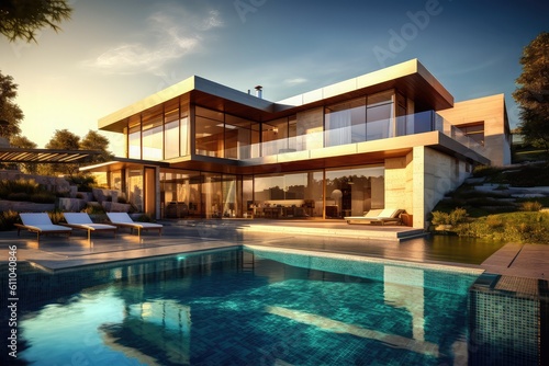 Modern house with pool  Hi-tech  luxury villa  real estate  home  property  exotic garden