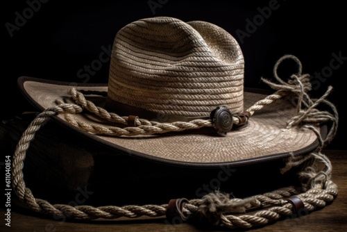 revamped cowboy hat, rope, and gun with modern style, created with generative ai