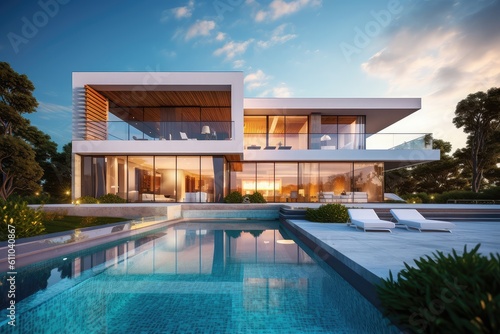 Modern house with pool, Hi-tech, luxury villa, real estate, home, property, exotic garden © YamunaART