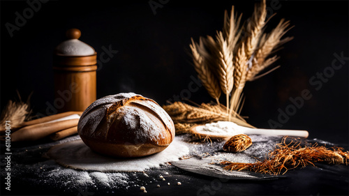 Freash sourdough bread baked and served on wooden table, dark background photo