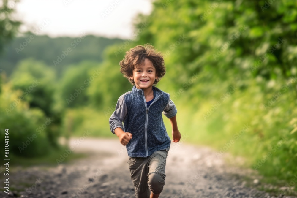 Medium shot portrait photography of a glad kid male running against a serene nature trail background. With generative AI technology Medium shot portrait photography of a glad kid male running against a serene nature trail background. With generative AI technology