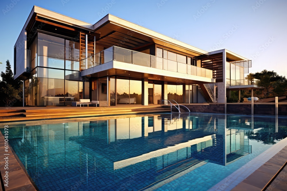 Modern house with pool, Hi-tech, luxury villa, real estate, home, property, exotic garden