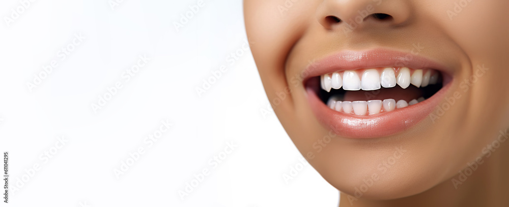 Obraz premium Beautiful young woman teeth close up with copy space on the left side. Generative ai