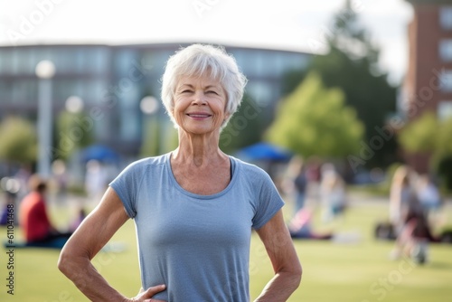 Environmental portrait photography of a glad mature woman doing pilates against a bustling university campus background. With generative AI technology