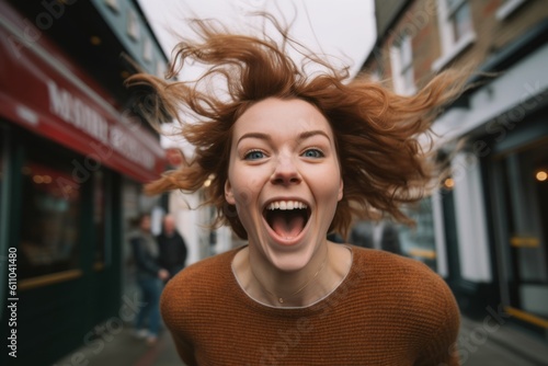 Close-up portrait photography of a glad girl in her 30s jumping against a lively pub background. With generative AI technology