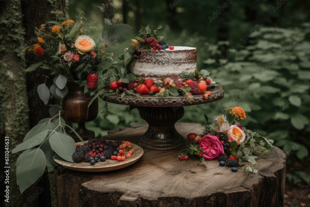 a rustic cake stand with pops of color, surrounded by a border of natural greenery, created with generative ai