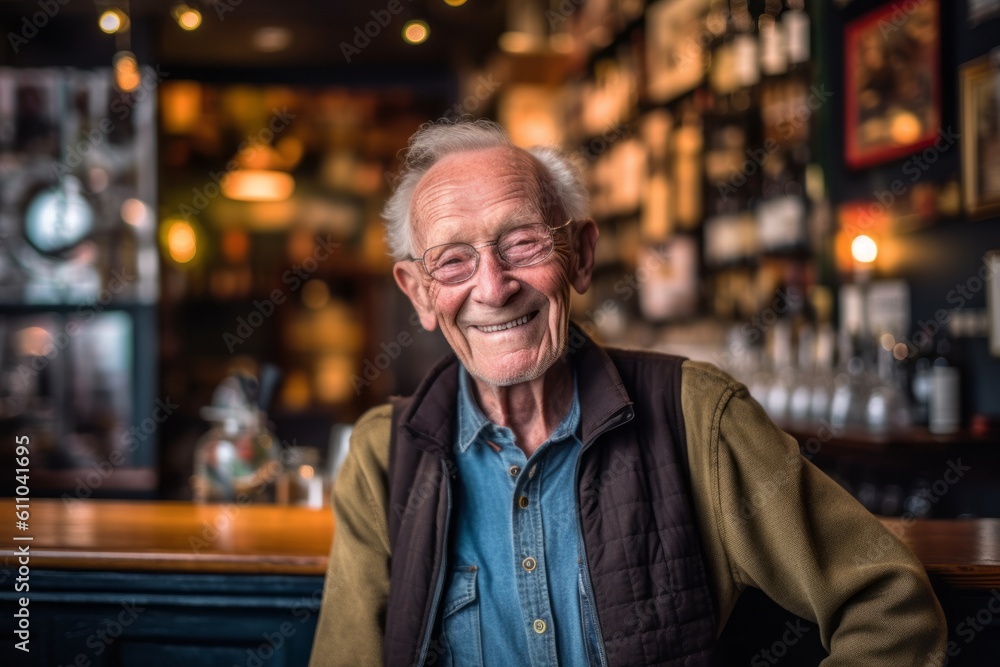 Medium shot portrait photography of a satisfied old man smiling against a lively pub background. With generative AI technology