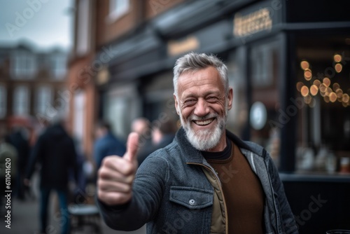 Medium shot portrait photography of a glad mature boy showing ok gesture against a lively pub background. With generative AI technology